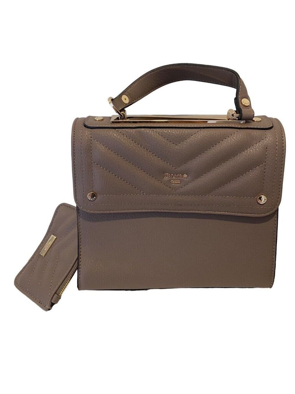Dune London Taupe Quilted VeganLeather Handbag Chain Attached mini wallet & Gold